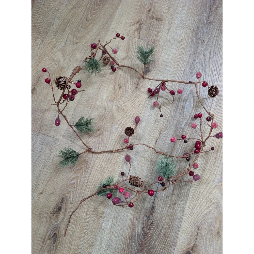 Set Of 2, 5ft Winter Garland of Red Berries, Pine Cones, & Green